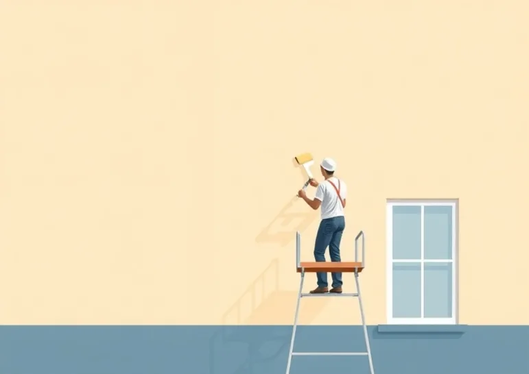 Peintre sur échafaudage traitant la façade d'une maison