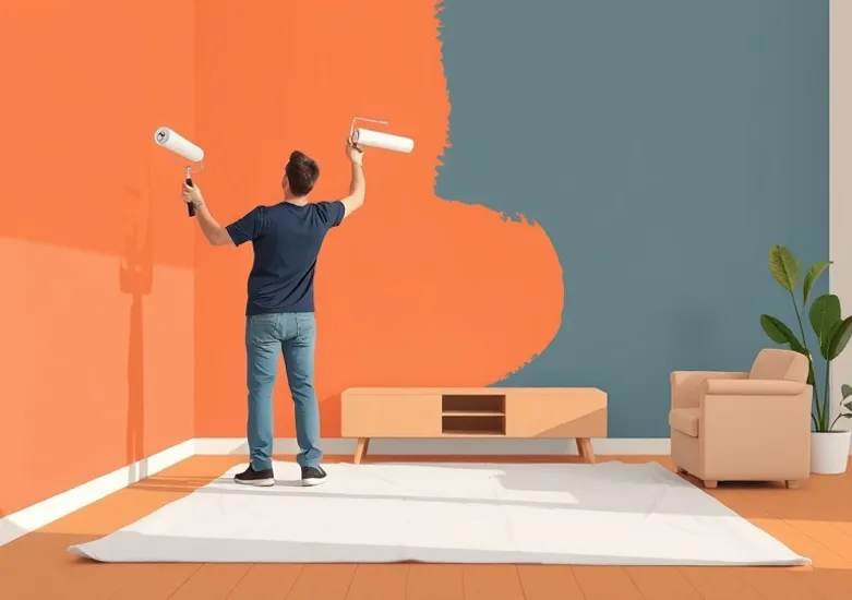 Peintre appliquant la peinture au rouleau sur un mur de salon